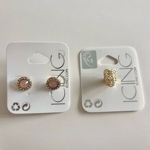 Icing pink rhinestone stud earrings and gold ear cuff set